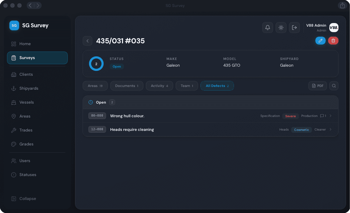 Screenshot of the survey platform showing a vessel's open defect list