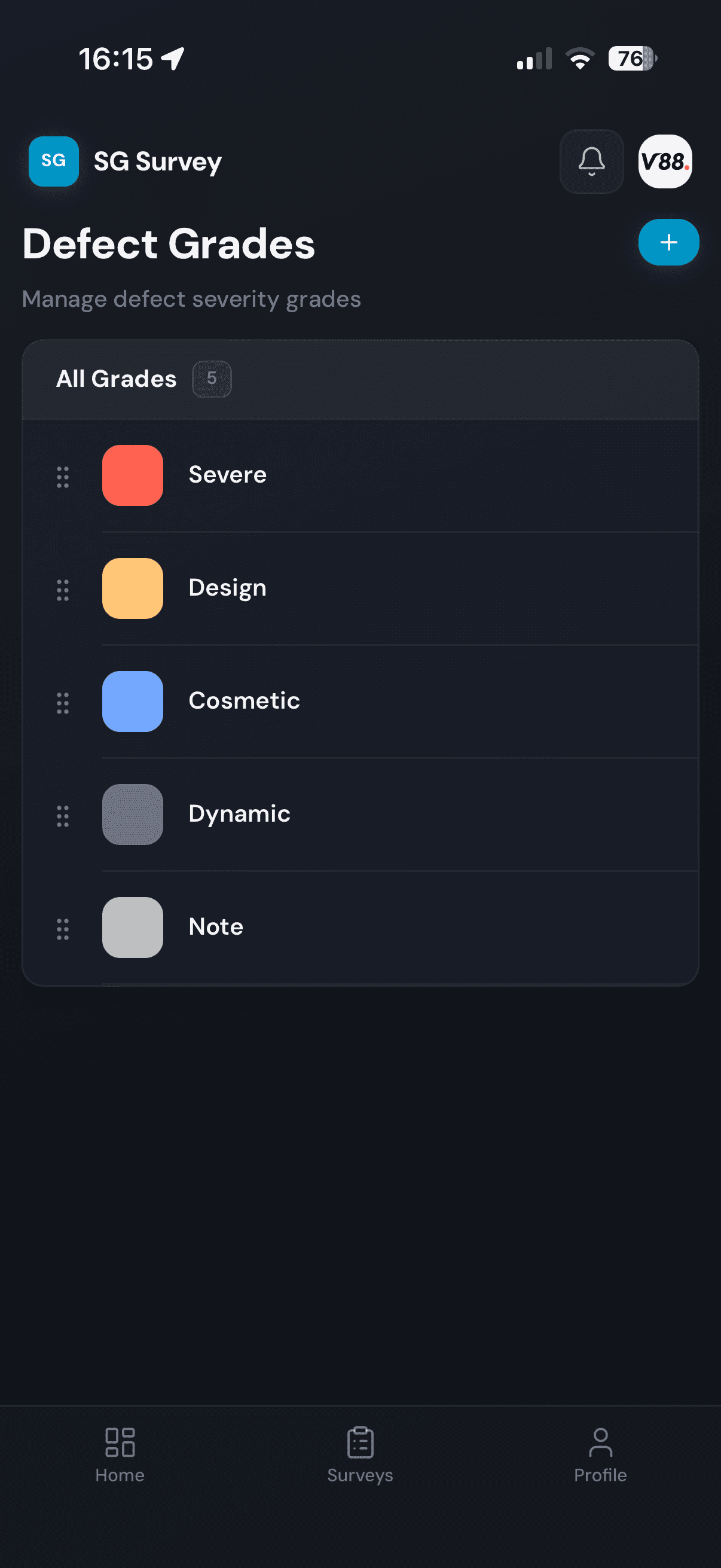 Mobile view of the defect grading screen